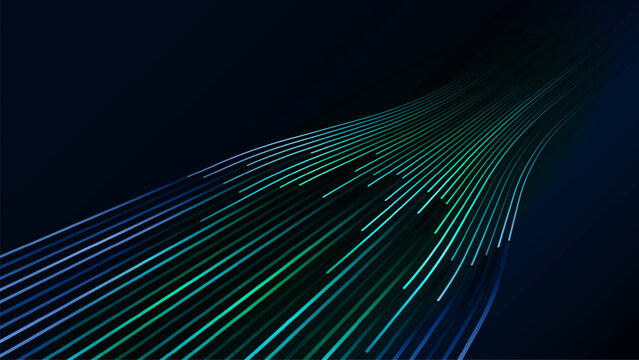 Abstract background featuring an array of glowing blue and green lines converging on a dark backdrop, technology, data flow, and speed.