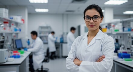 Confident female scientist wearing glasses and lab coat stands with arms crossed in a modern laboratory