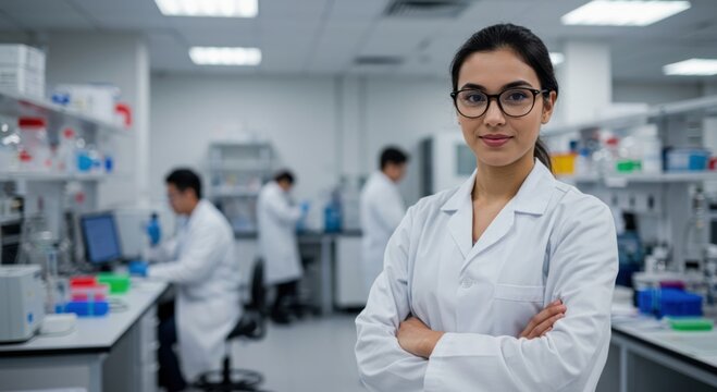 Confident female scientist wearing glasses and lab coat stands with arms crossed in a modern laboratory