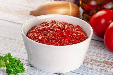Bulgarian traditional lutenica pepper sauce