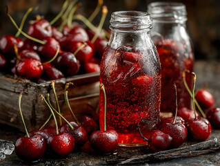 Fresh cherry vanilla soda in glass bottle with cherries and vanilla pods