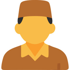 Cartoon man with brown fez hat, wearing a brown shirt with orange collar