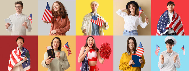 Set of young people with USA flags on color background