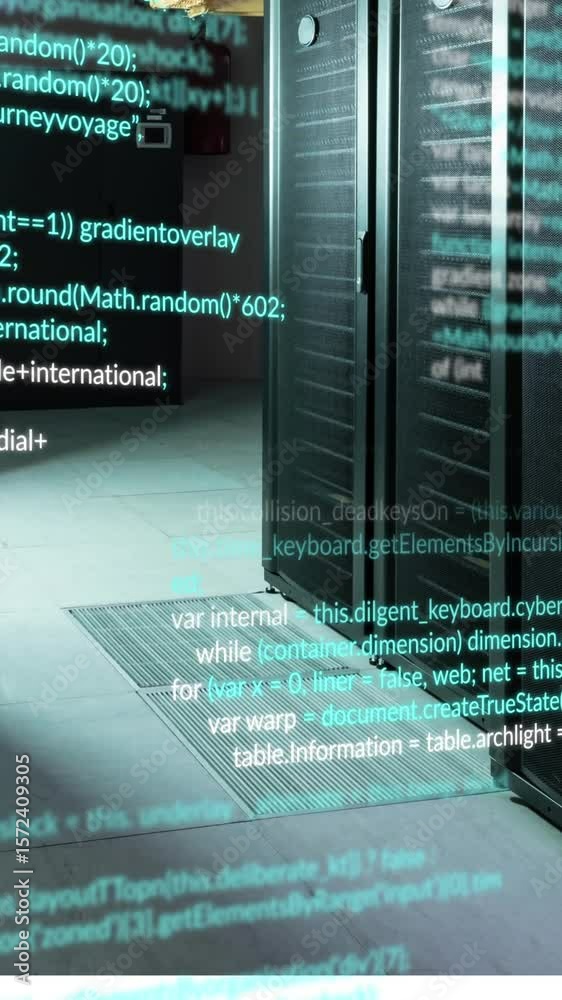 Poster animation of data processing against empty computer server room