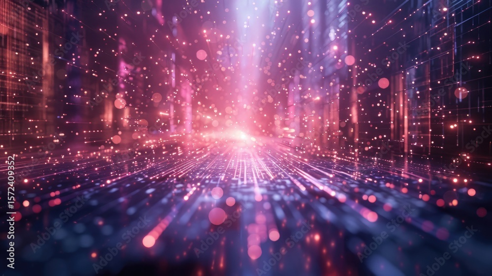 Poster Abstract picture colorful light particle with digital technology style design connecting become dynamic of electric wave movement represent about flowing of data or structure of network system. AIG53.