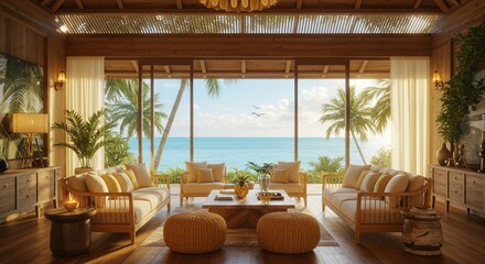 Fototapeta premium Tropical villa living room with ocean view