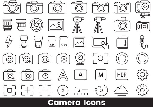Collection of Photography Equipment and Camera Setting Outline Icons