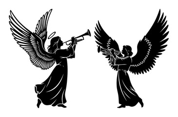 christmas angels playing trumpets silhouette vector set © Camel