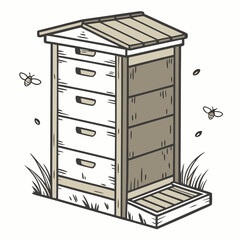 Beehive with bees and grass insects apiary