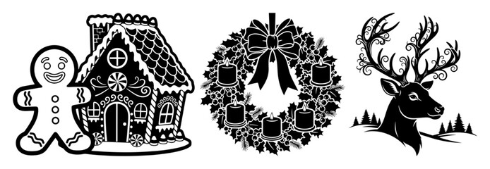 christmas icons set gingerbread wreath reindeer vector