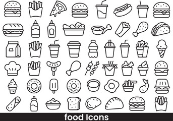Collection of Fast Food, Snack, and Street Food Outline Icons