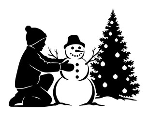 child building snowman with christmas tree silhouette vector illustration