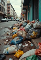 Overflowing Trash Bags Spill onto Dirty Street, Attracting Flies and Exuding Foul Odor - A Scene of Urban Neglect and Irresponsible Waste Disposal