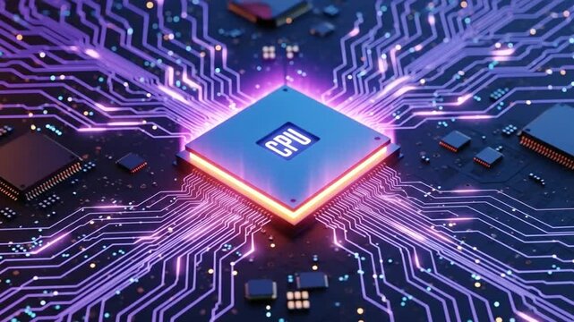 A glowing cpu chip on a circuit board represents advanced computer technology and processing power