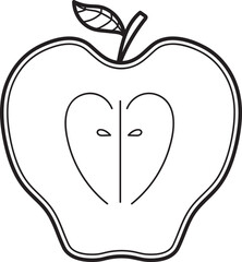 Line Art Cross-Section of a Single Apple with Leaf