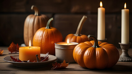 Calabazas otoñales con velas encendidas y hojas secas sobre madera