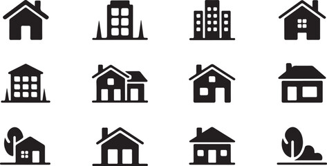 A collection of black silhouette icons depicting different types of buildings, including houses, apartments, and skyscrapers vector art on white