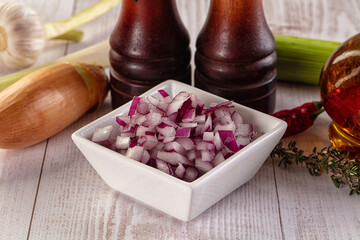 Diced red onion in the bowl