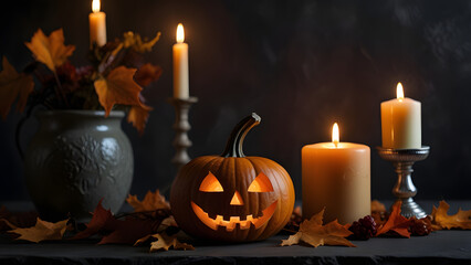 Obraz premium Calabaza de Halloween iluminada con velas y hojas otoñales