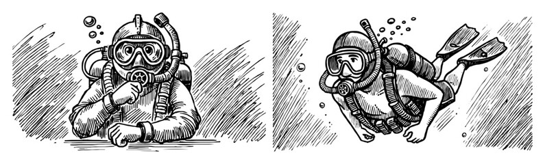 scuba diver hand drawn sketch vector illustration