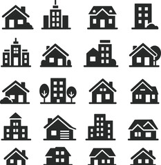 Fototapeta premium Set of House Icons in Black Silhouette Style for Urban and Residential Design