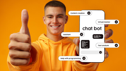 Young man shows smartphone with chatbot features against a vibrant orange background while giving a thumbs up