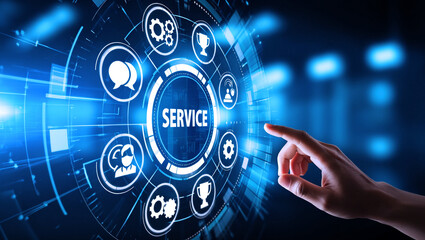 Futuristic Service Interface with Interactive Icons and Pointing Hand — Flat Illustration Representing Technical Support, Workflow Tools, and Global Communication Systems