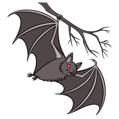 Flying vampire bat with red eyes clinging to branch