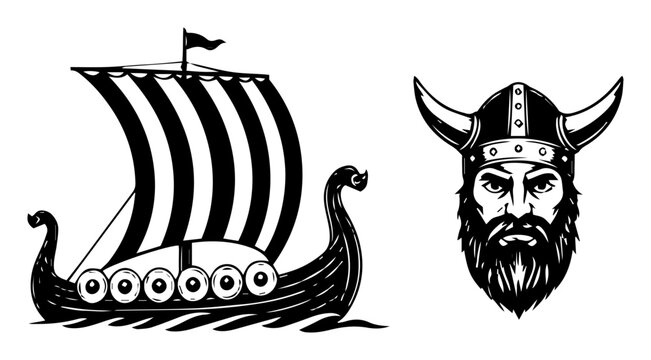 viking ship drakkar and warrior head vector set