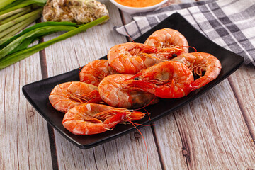 Delicous boiled tiger prawn with sauce