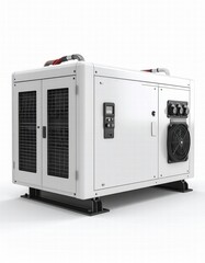 Obraz premium 3D render of generator, positioned right, isolated white background