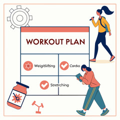 Workout plan with fitness activities and people weightlifting