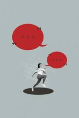 Vertical image photo collage of happy girl guy stand bubble communication chatterbox speech...