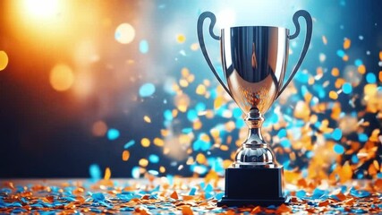 A gleaming trophy surrounded by confetti represents success, achievement, and the celebration of victory