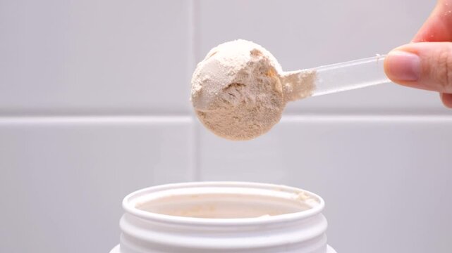Hand takes protein powder in scoop from plastic jar side view on gray background close-up.