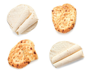 Set of different lavash on white background, top view