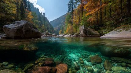 Split view of forest mountain landscape and underwater.