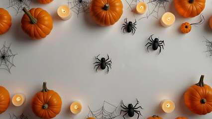 Decoraci&oacute;n de Halloween con calabazas, velas y ara&ntilde;as