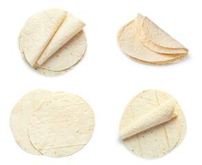 Set of thin lavash on white background