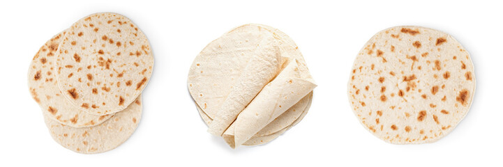 Set of thin lavash on white background, top view