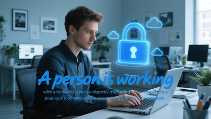 Man working on laptop with security overlay in office environment with cloud and lock icons
