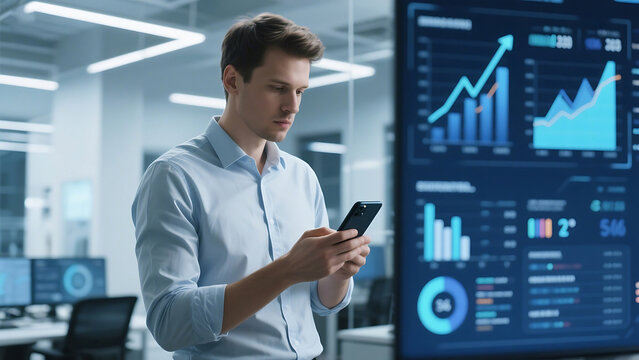 Man using smartphone in office with data charts displayed on a large screen behind him in a modern setting - Powered by Adobe