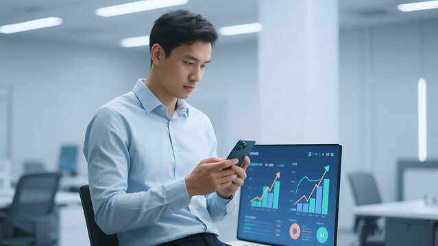 Asian man using smartphone next to monitor displaying financial charts in modern office setting