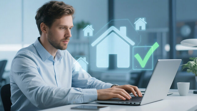 Man using laptop with house icons and checkmark overlay for real estate or home buying concept