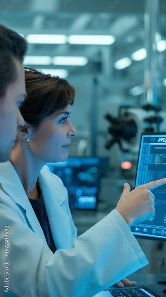 Poster scientists in lab: two dedicated scientists intently analyze data on a computer screen within a stat