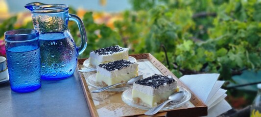 Refreshing Summer Dessert with Water Jug in Nature