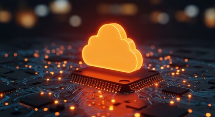 Glowing orange cloud symbol rests on a black microchip with blue circuitry and orange lights