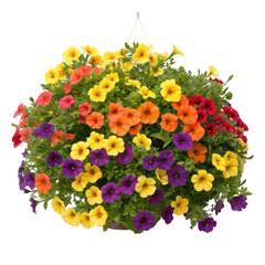 Vibrant hanging basket overflowing with colorful petunia flowers isolated on transparent background
