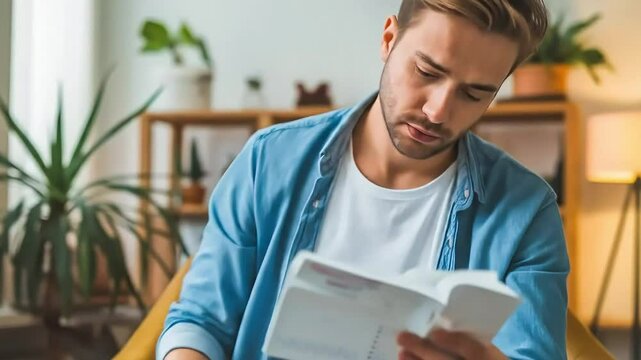 A thoughtful young man sits comfortably in his living room, deeply absorbed in a book, concentrating on the words and turning the pages