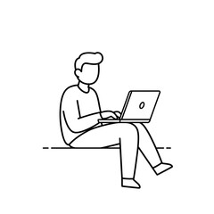 Young man sitting and working on laptop in minimalist style  
